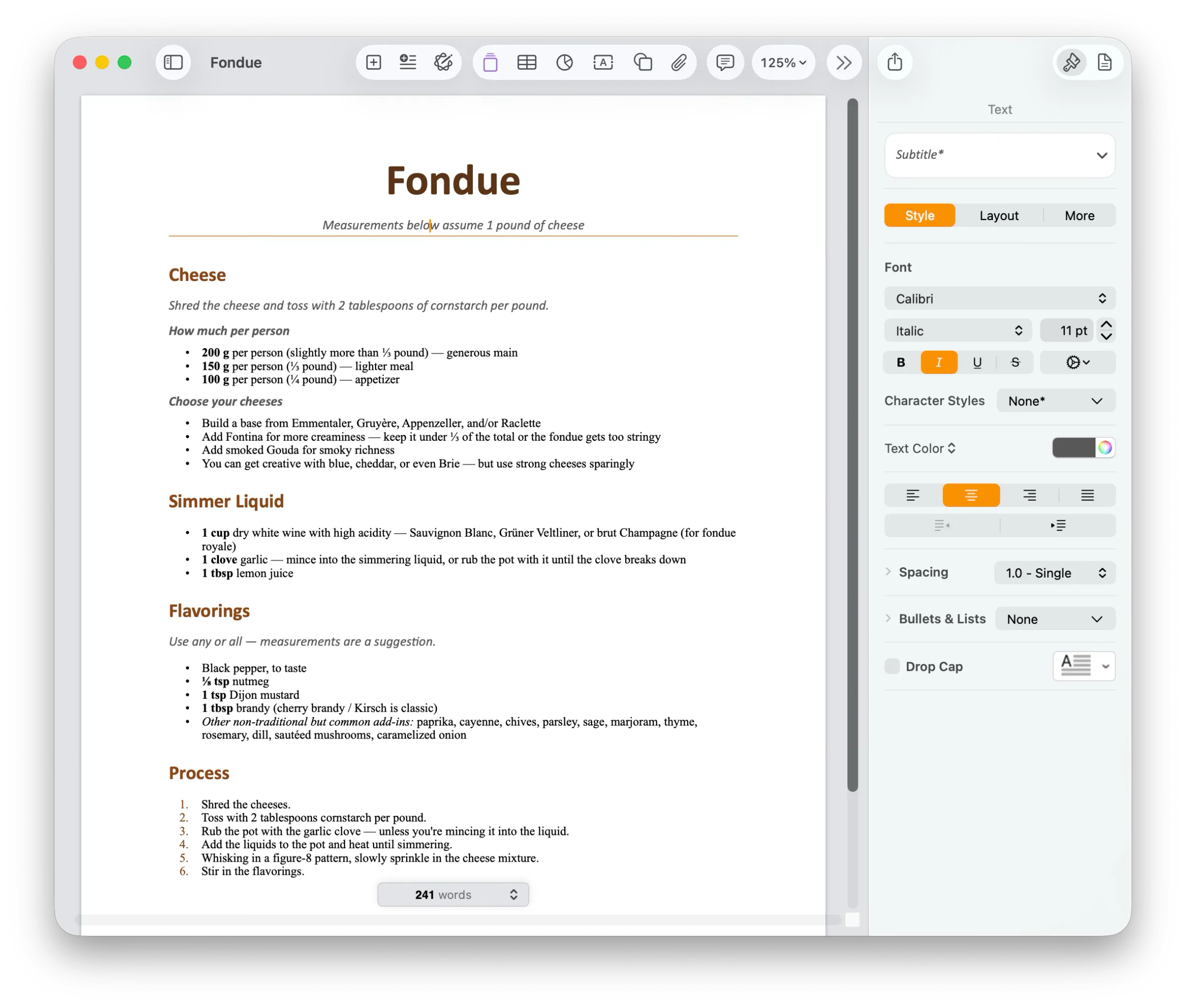 A screenshot of Apple Pages showing a fondue recipe