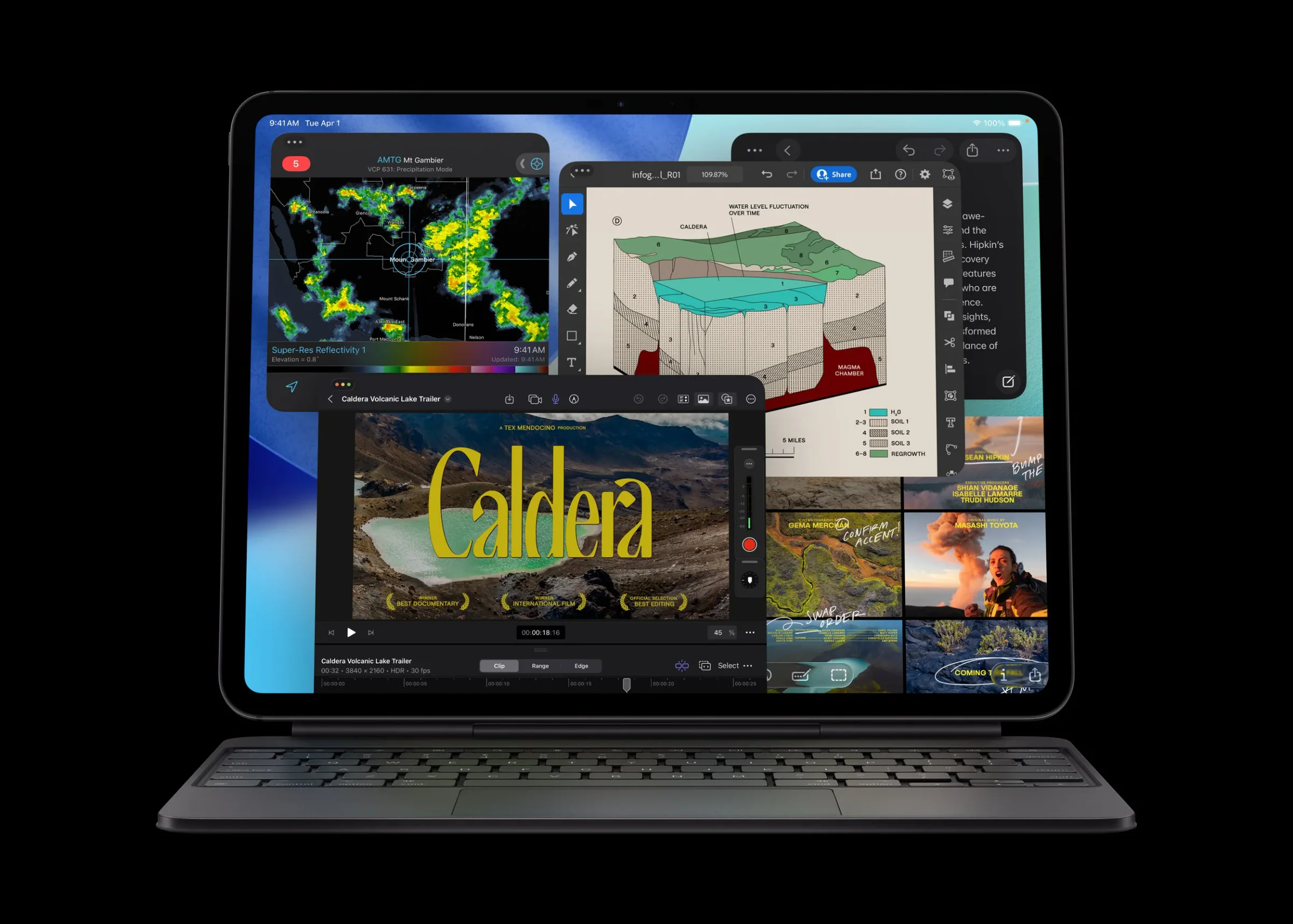 iPad Pro with Magic Keyboard displaying several creative and technical apps