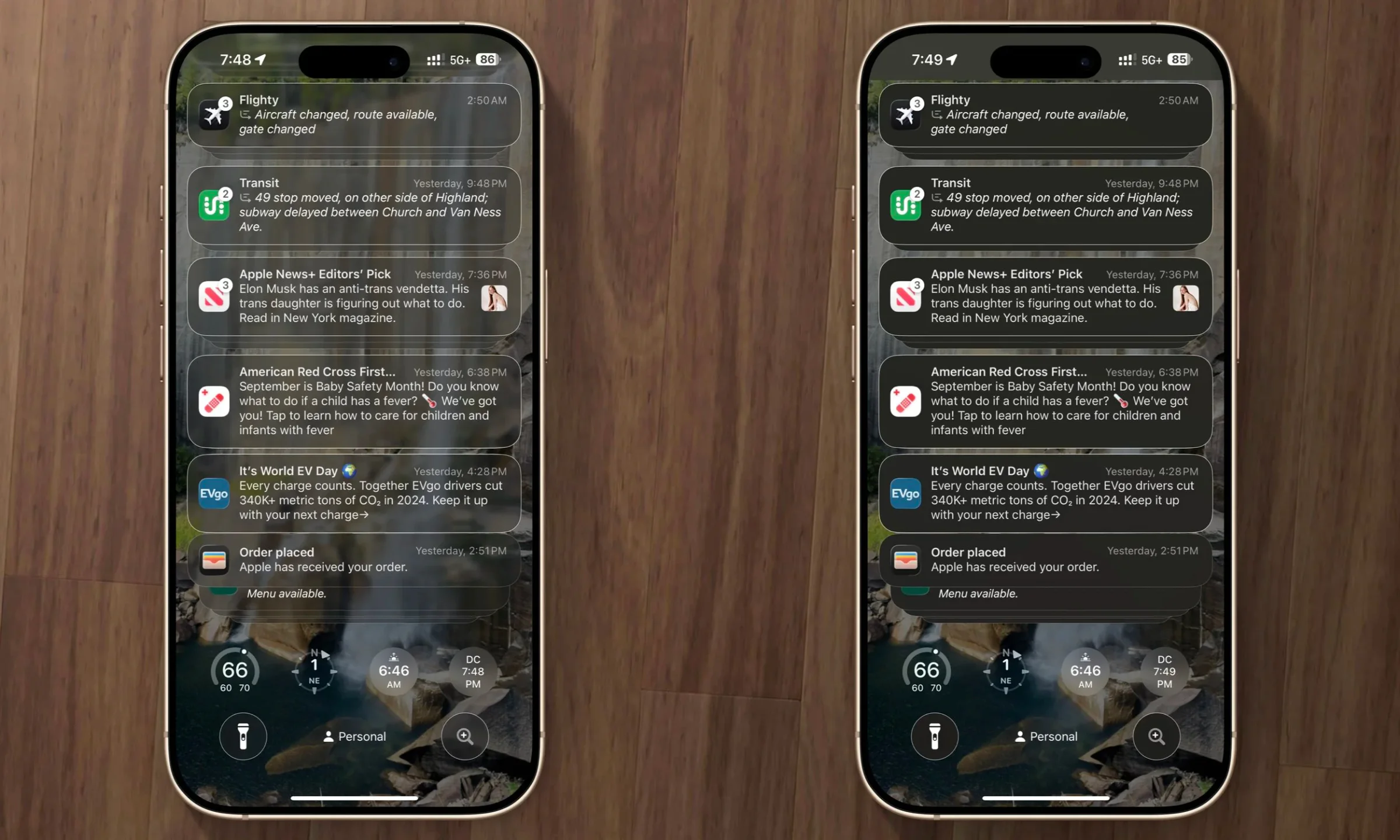 Side-by-side iPhones comparing Increase Contrast with both Increase Contrast and Reduce Transparency