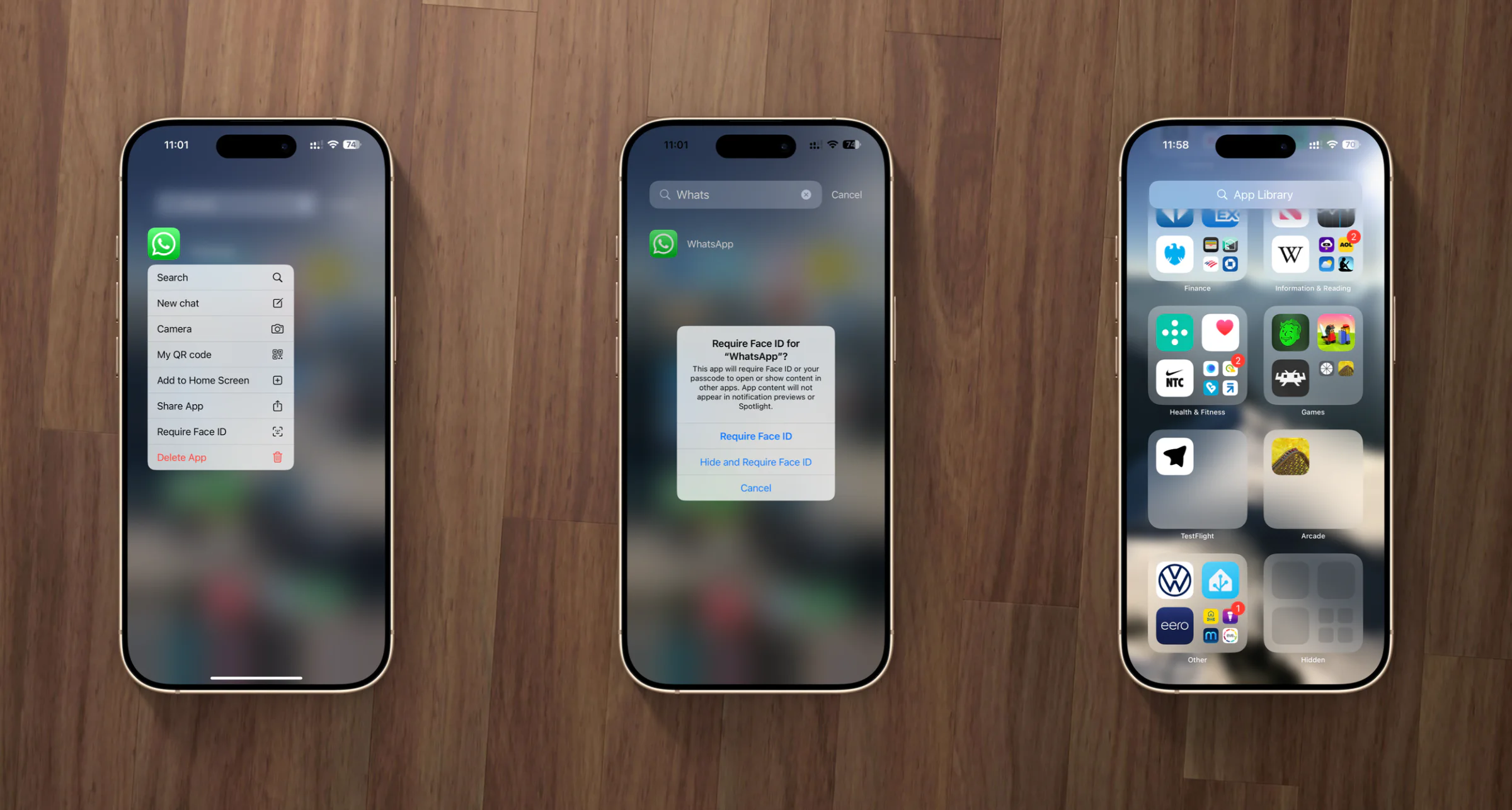 Three iPhone screens showing the steps to require Face ID and hide an app