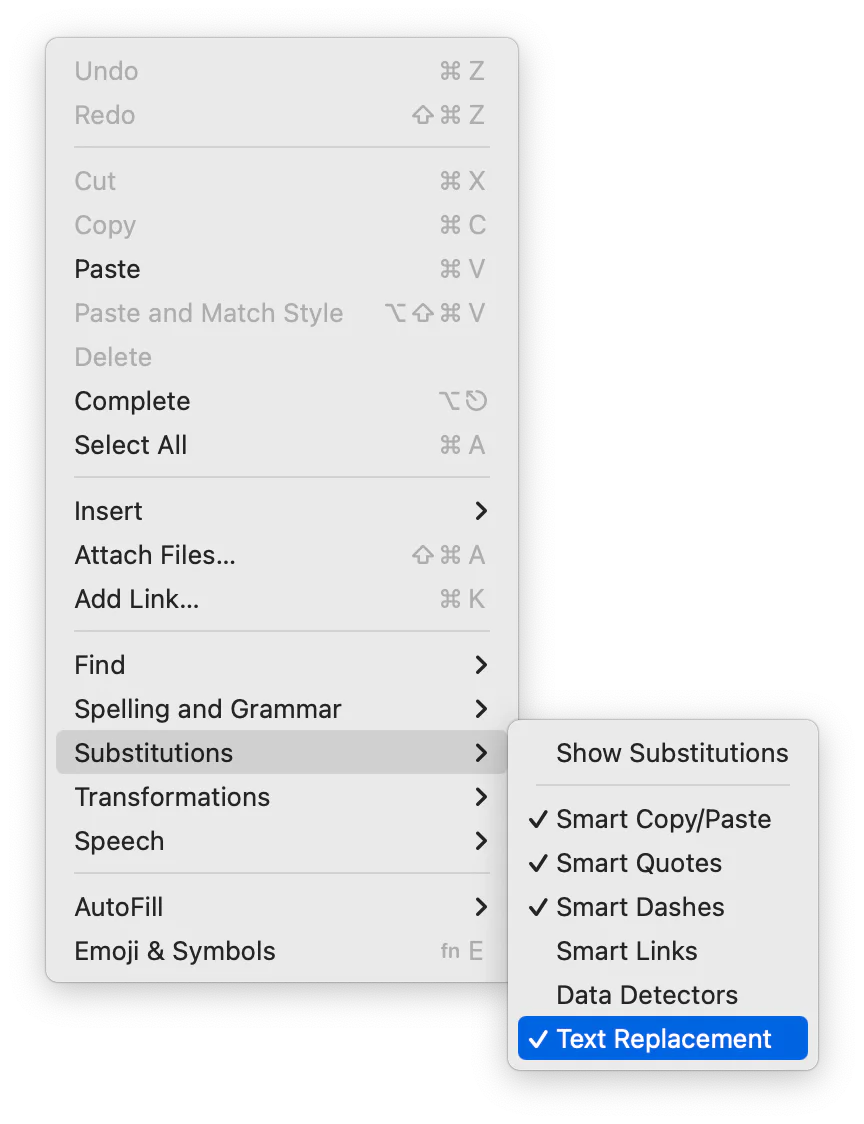 Mac Edit menu opened to Substitutions with Text Replacement highlighted