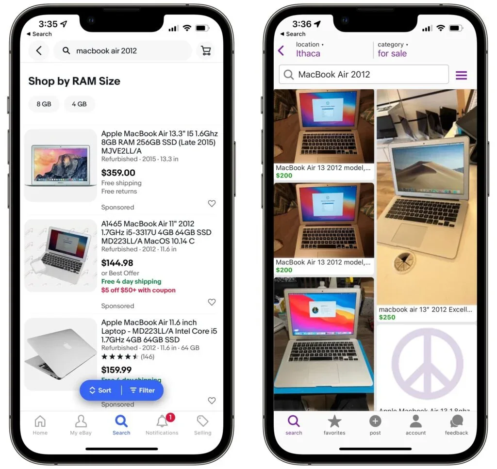 screenshot showing * Search Q macbook air 2012 Shop by RAM Size