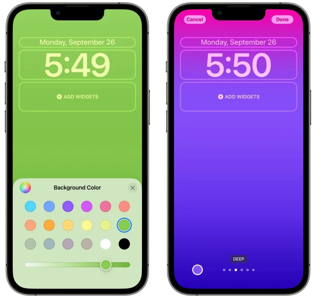 Green and purple iPhone color Lock Screens with customization controls