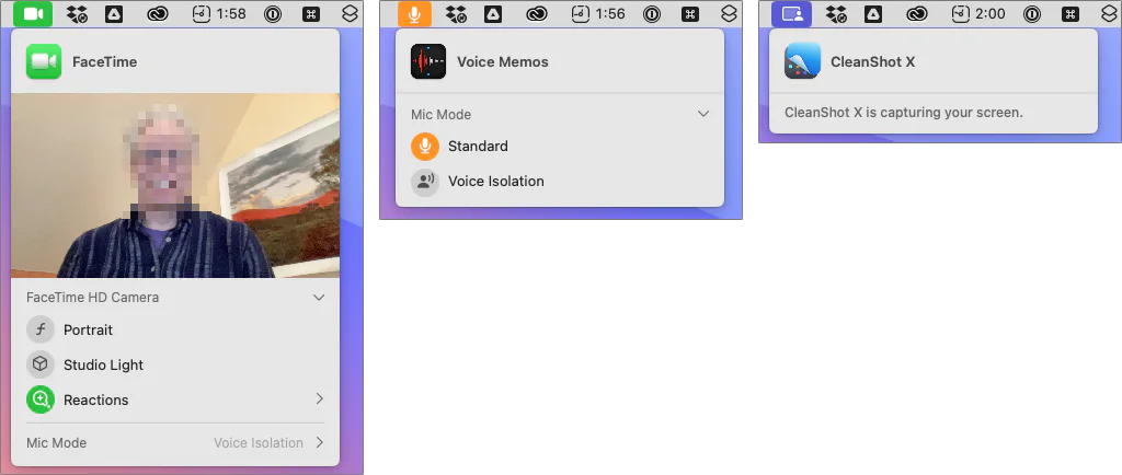 FaceTime video-effects and Control Center menus showing where to manage Reactions