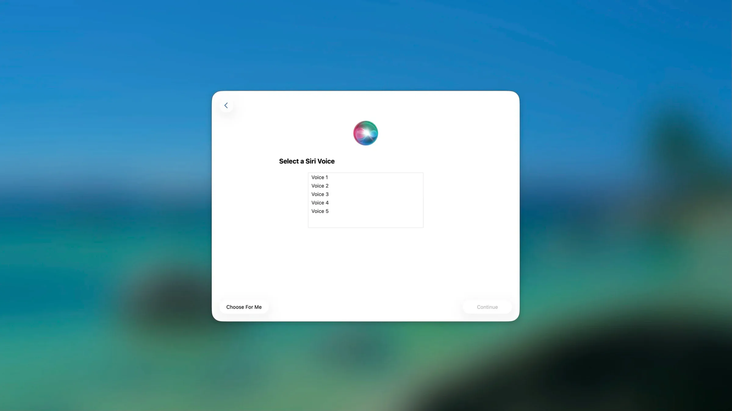 Screenshot of a digital interface for selecting a Siri voice, with five voice options listed and a colorful Siri logo above, on a blurred outdoor background.