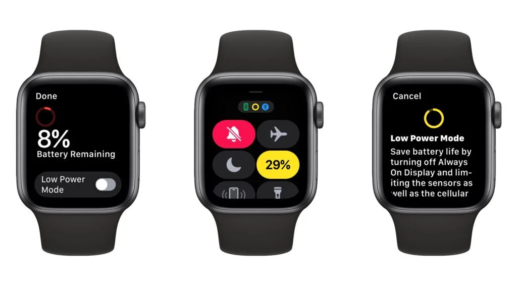 Three Apple Watch screens for enabling and scheduling Low Power Mode