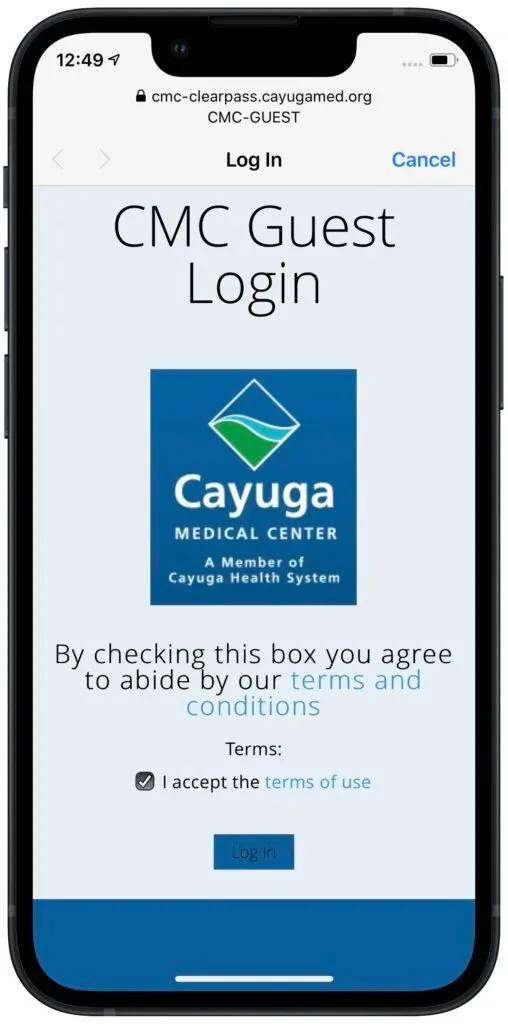 Airport guest Wi-Fi sign-in page displayed on an iPhone