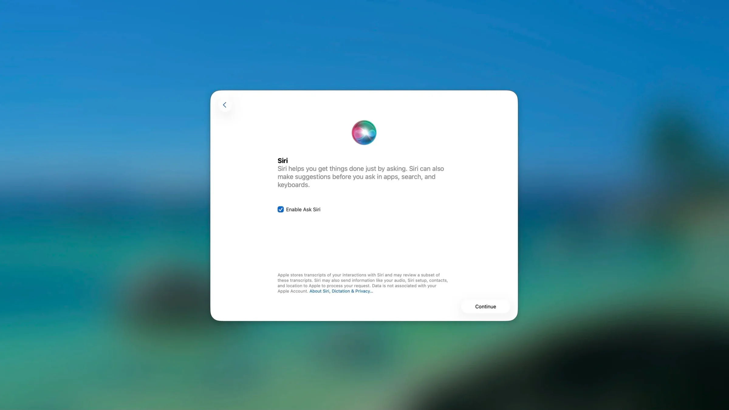 Screenshot of Siri settings on a computer, with a prompt to enable Ask Siri and an 'About Siri, Dictation & Privacy' link at the bottom.