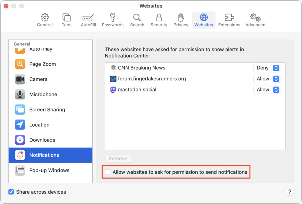 Safari Websites settings listing sites allowed to send notifications