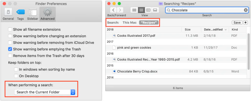 Finder preferences and search results with the current-folder search scope highlighted