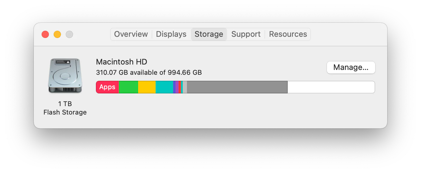 Mac Storage overview showing available space and storage categories