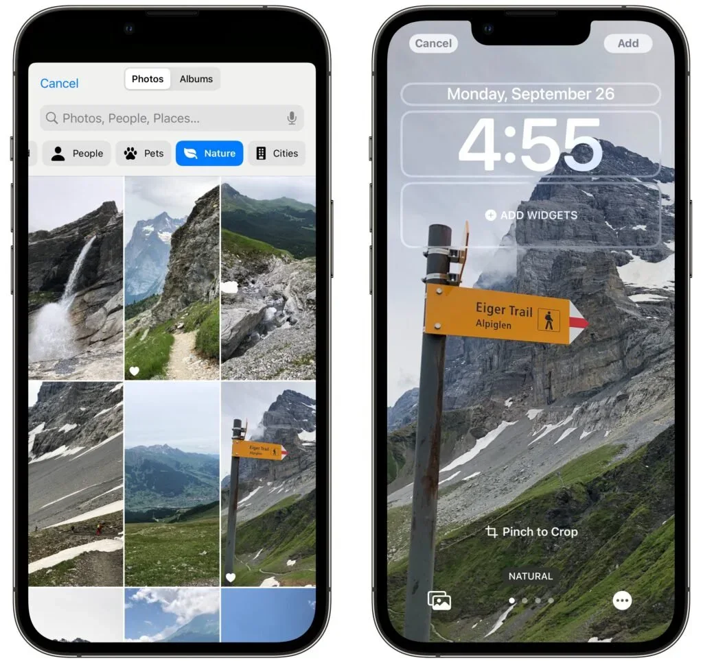 iPhones showing a Photo Shuffle wallpaper and its source photo album
