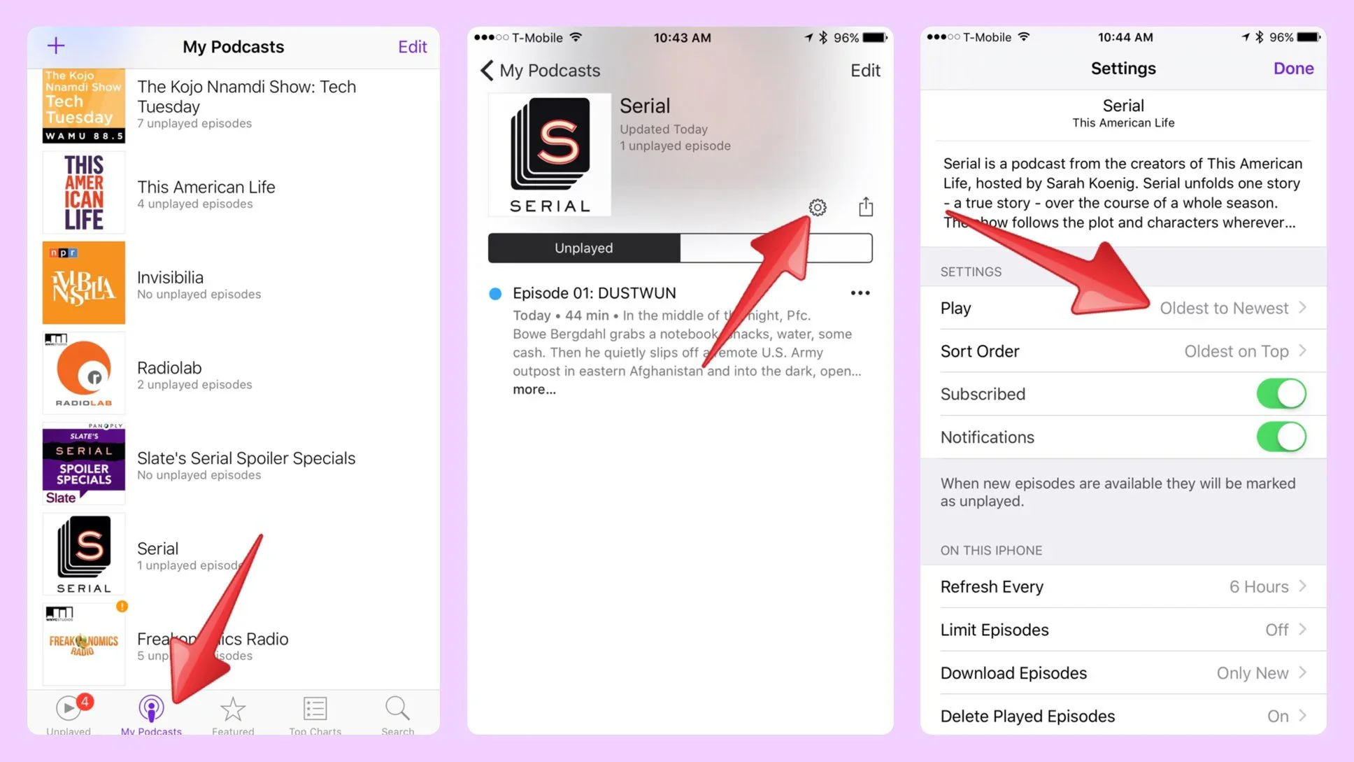 Three iPhone Podcasts screens showing a serialized podcast and playback order settings