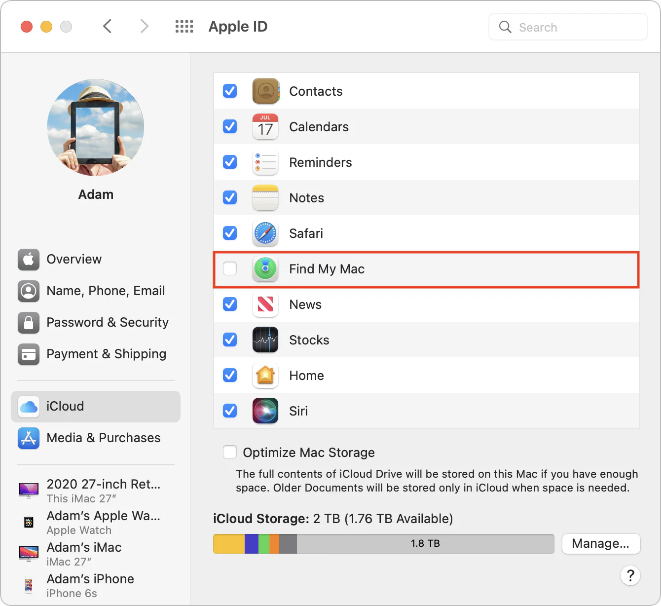 Apple Account settings with Find My Mac highlighted