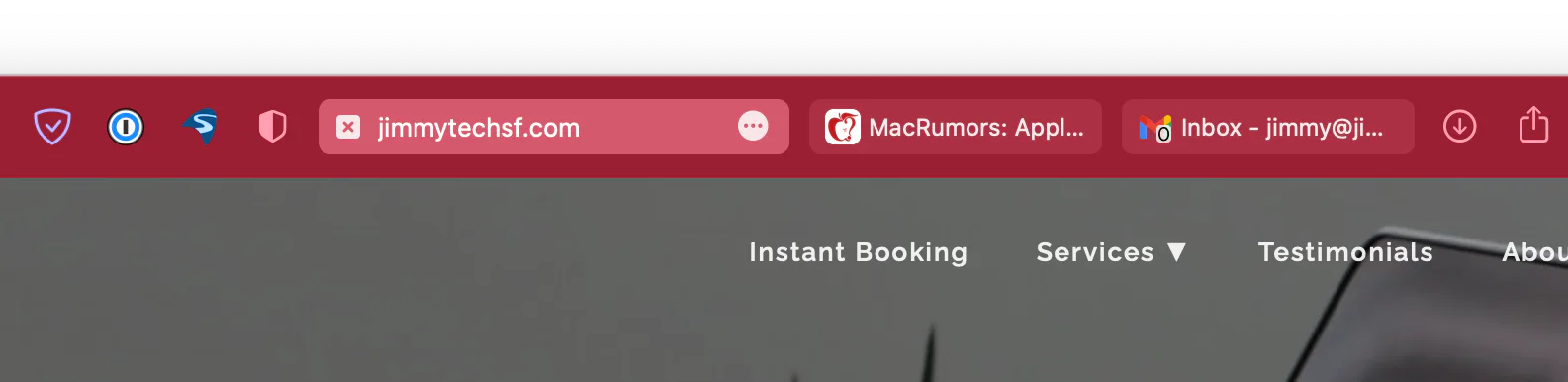 Safari compact tab bar with several open tabs across the top of the window