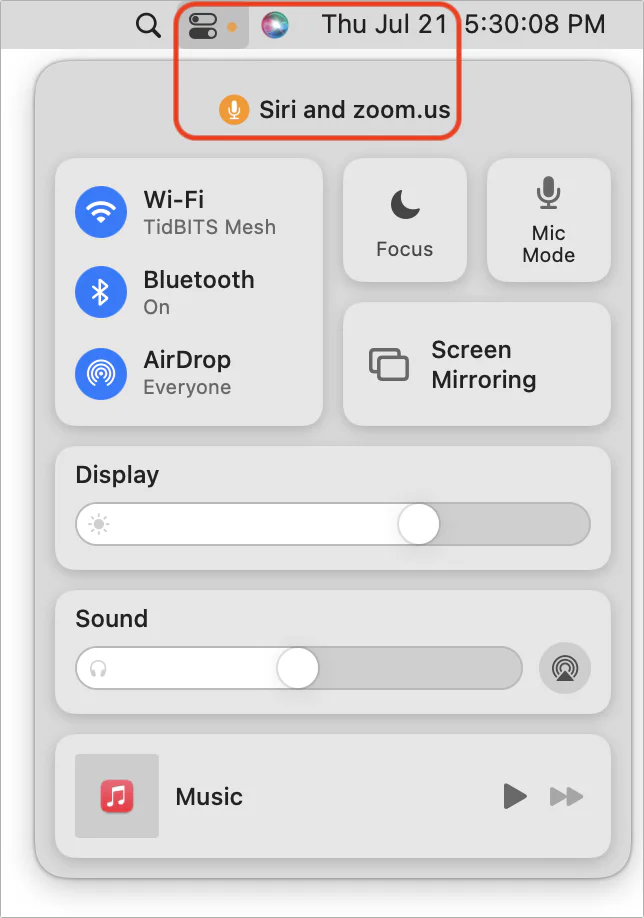 Mac Control Center with the orange microphone-use indicator highlighted