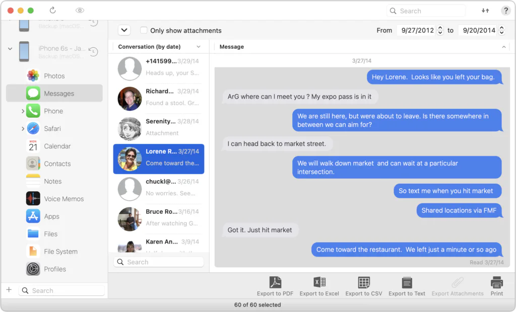 iMazing displaying an iPhone Messages conversation with export controls