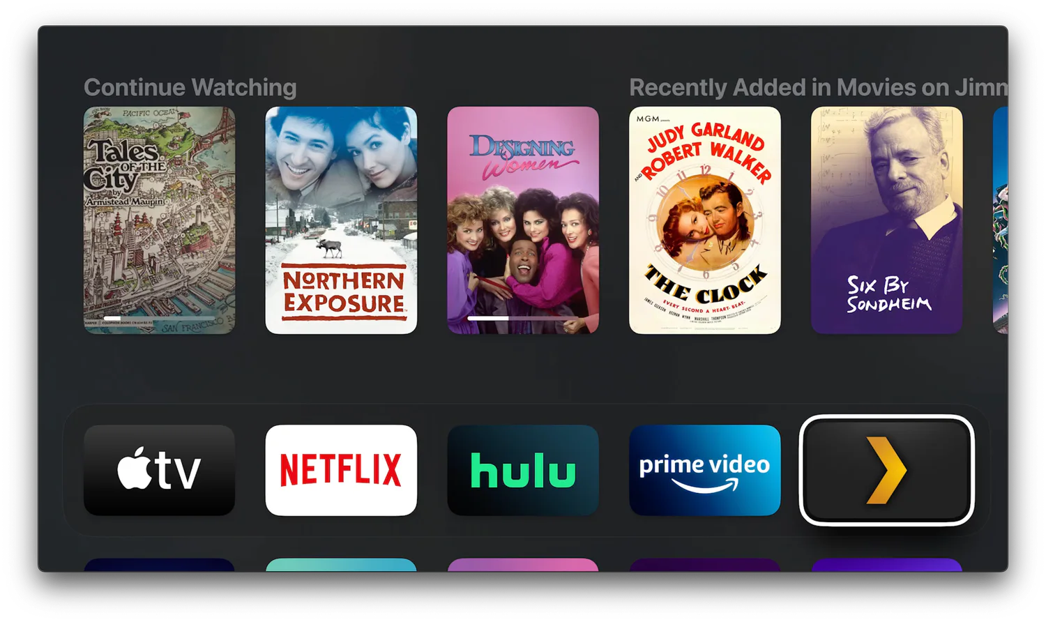 Apple TV home screen with a high-contrast outline around the selected app