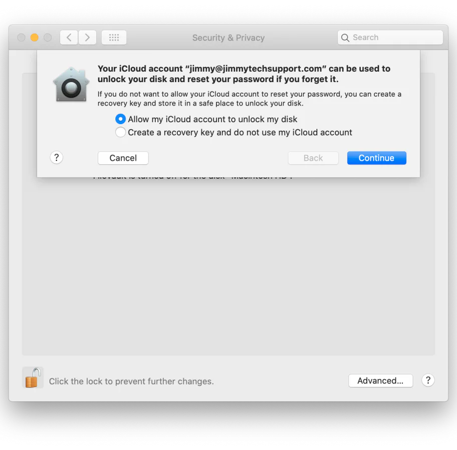 screenshot showing Security & Privacy Q Search Your iCloud account "jimmy@jimmytechsupport.com" can be used to