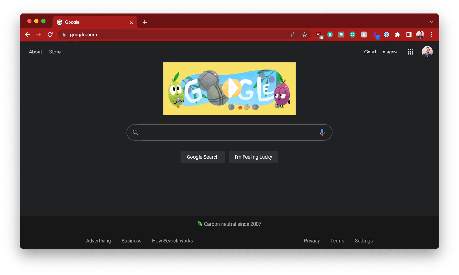 Google Chrome on Mac displaying the Google homepage in dark mode