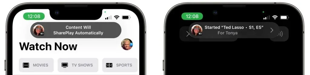 SharePlay controls above the Apple TV app's Watch Now screen