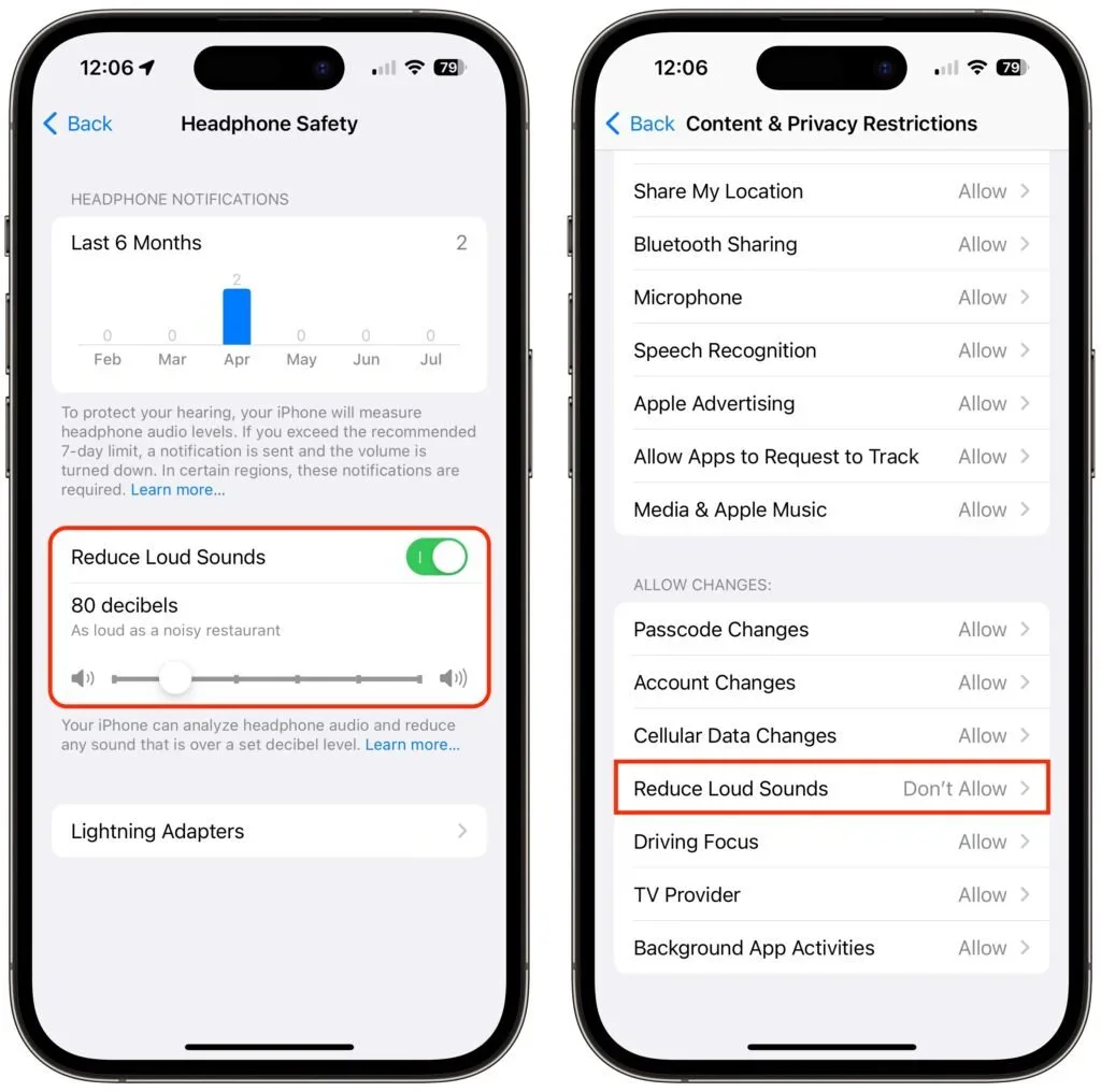 Apple device screenshot showing < Back Headphone Safety HEADPHONE NOTIFICATIONS