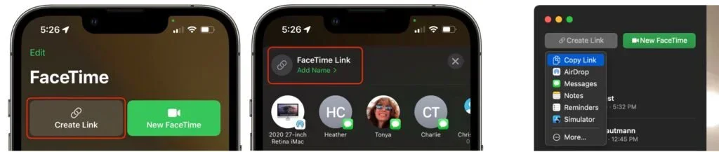 FaceTime call controls shown on iPhone, iPad, and Mac