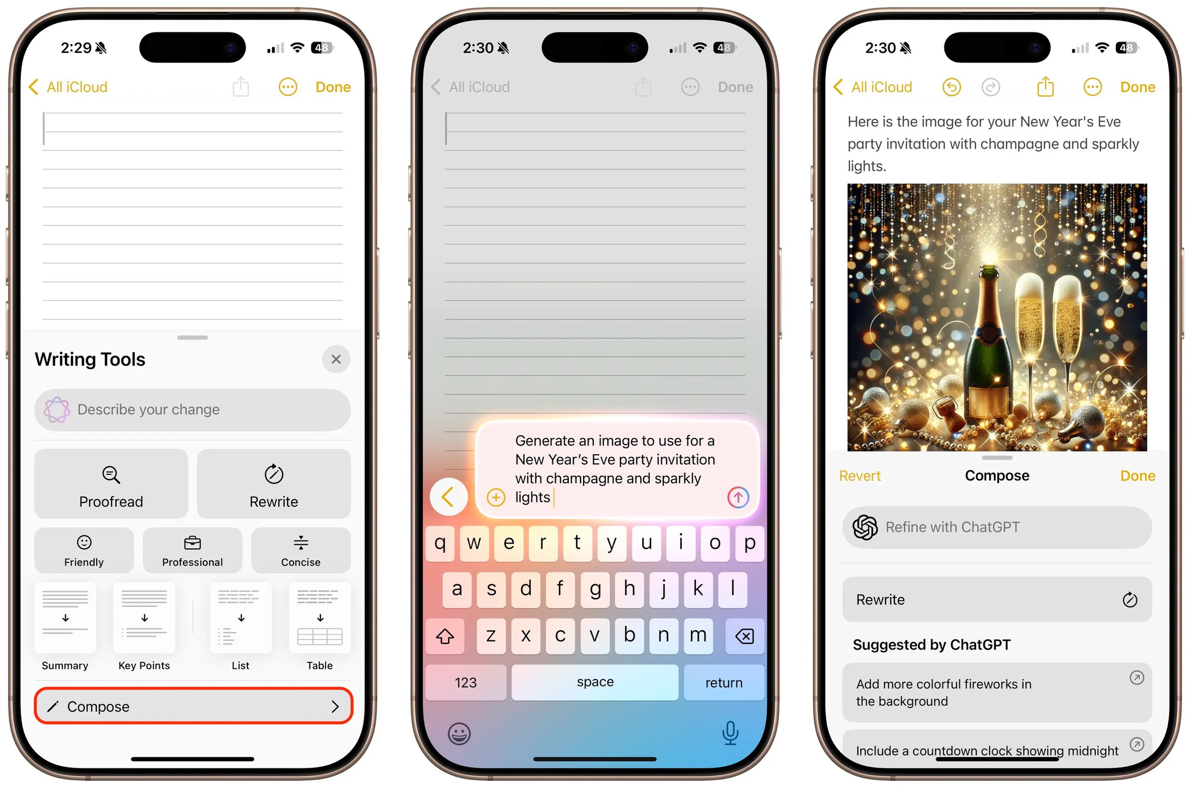 Three iPhones showing ChatGPT options in Apple Writing Tools