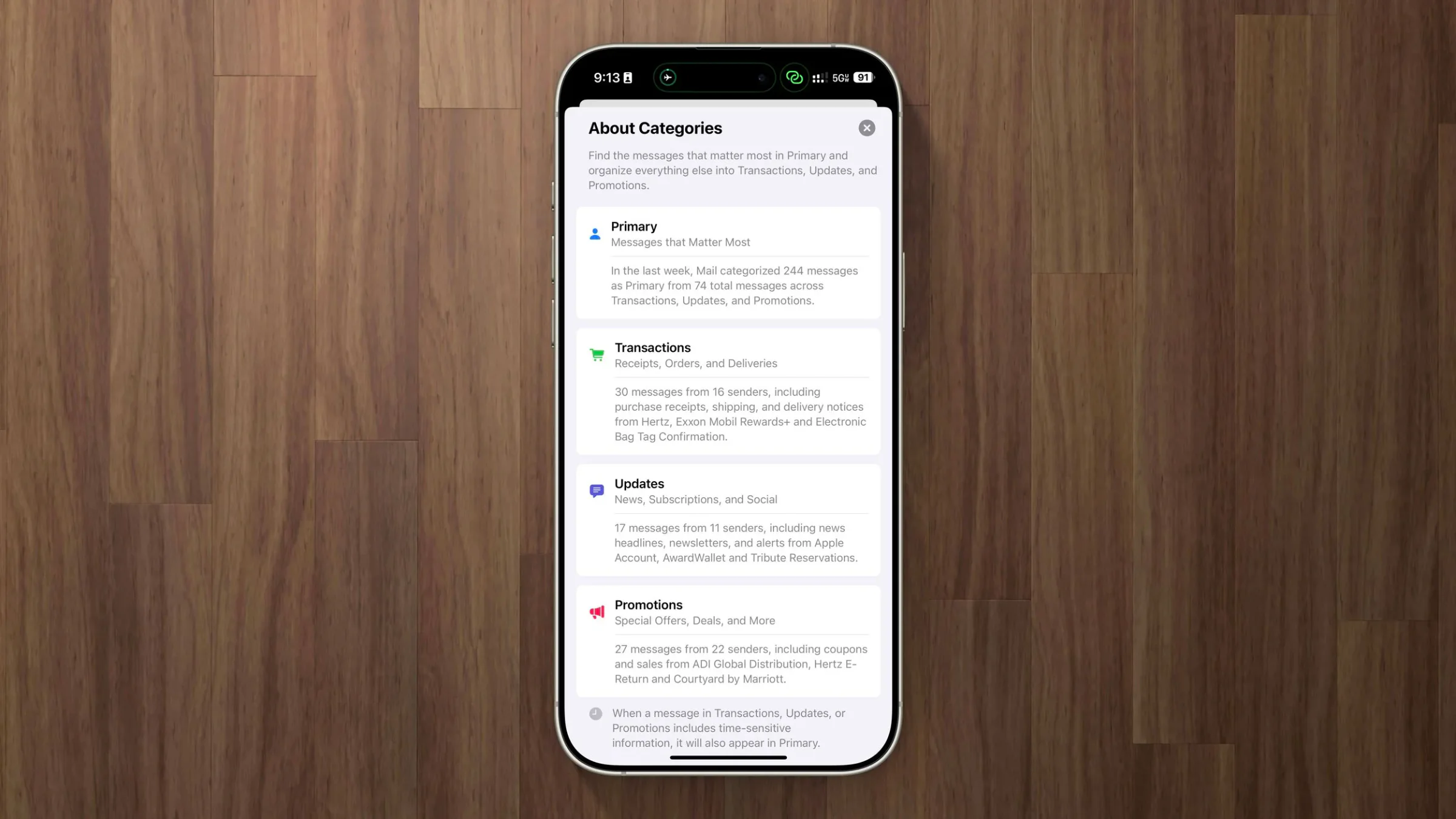 iPhone Mail Category settings with Primary, Transactions, Updates, and Promotions listed