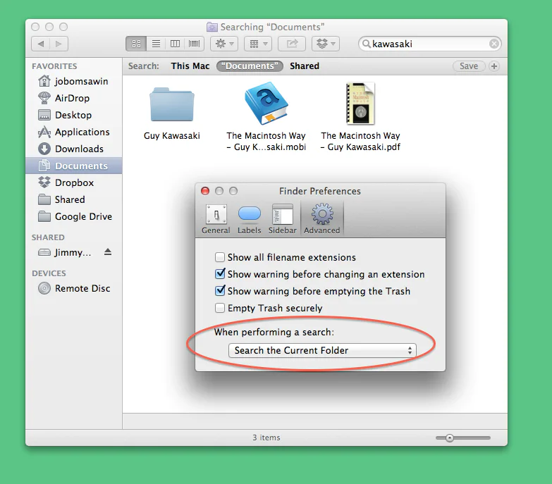 screenshot showing Searching "Documents" • kawasaki FAVORITES