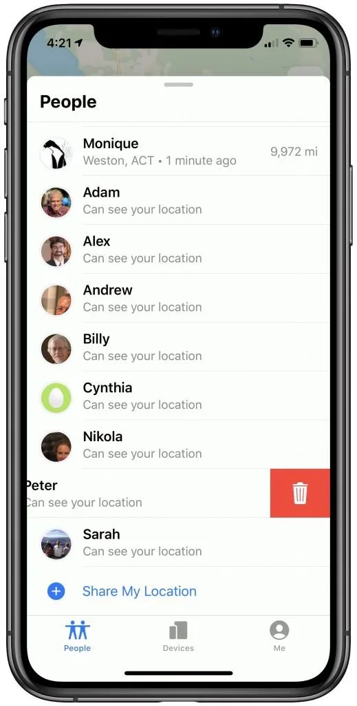 Find My People list on an iPhone