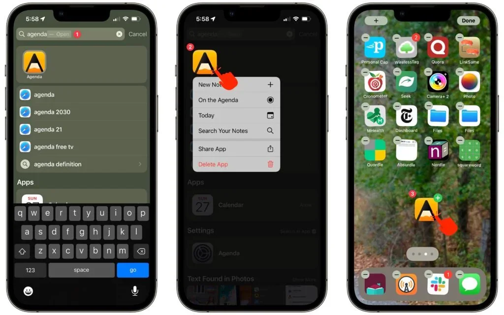 Three iPhones showing how to find an app in Search and open its Delete App menu