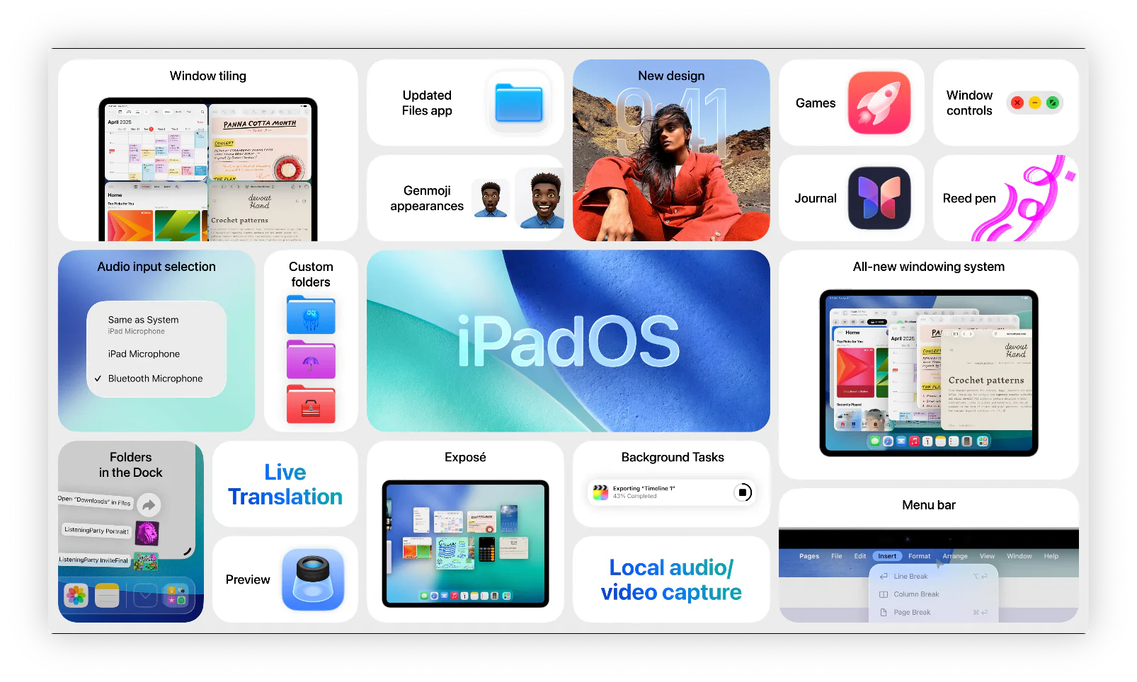 Collage of iPadOS 26 features including windowing, Files, Preview, and local audio capture