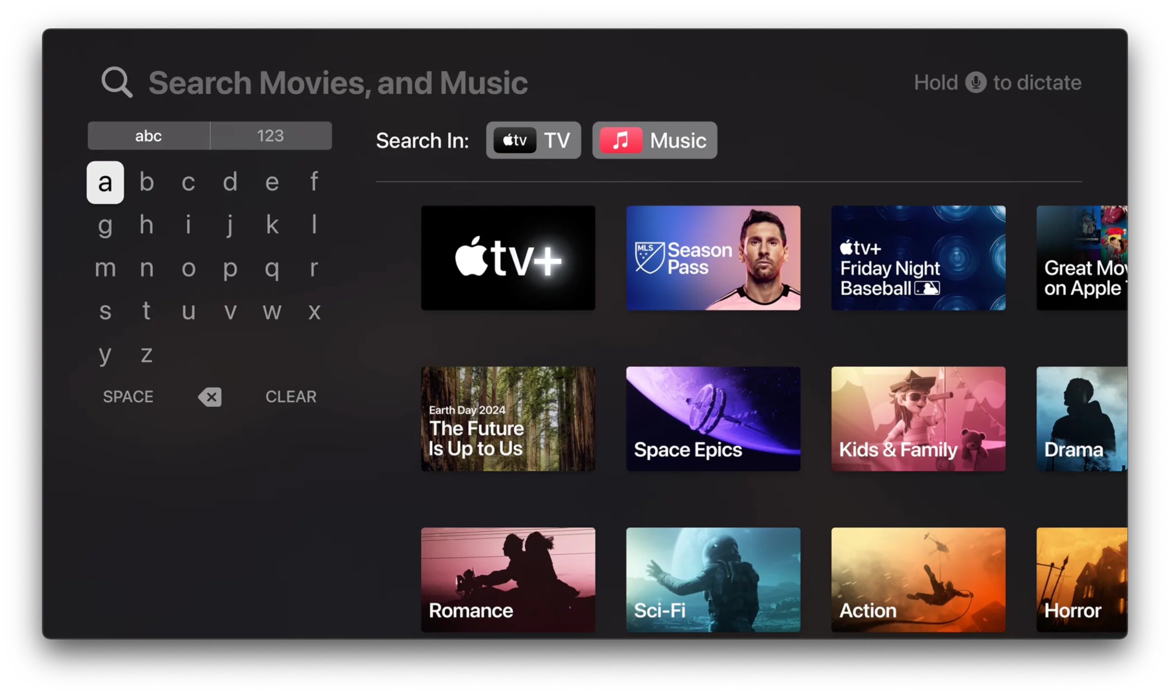 Apple TV onscreen keyboard beside movie and show search results