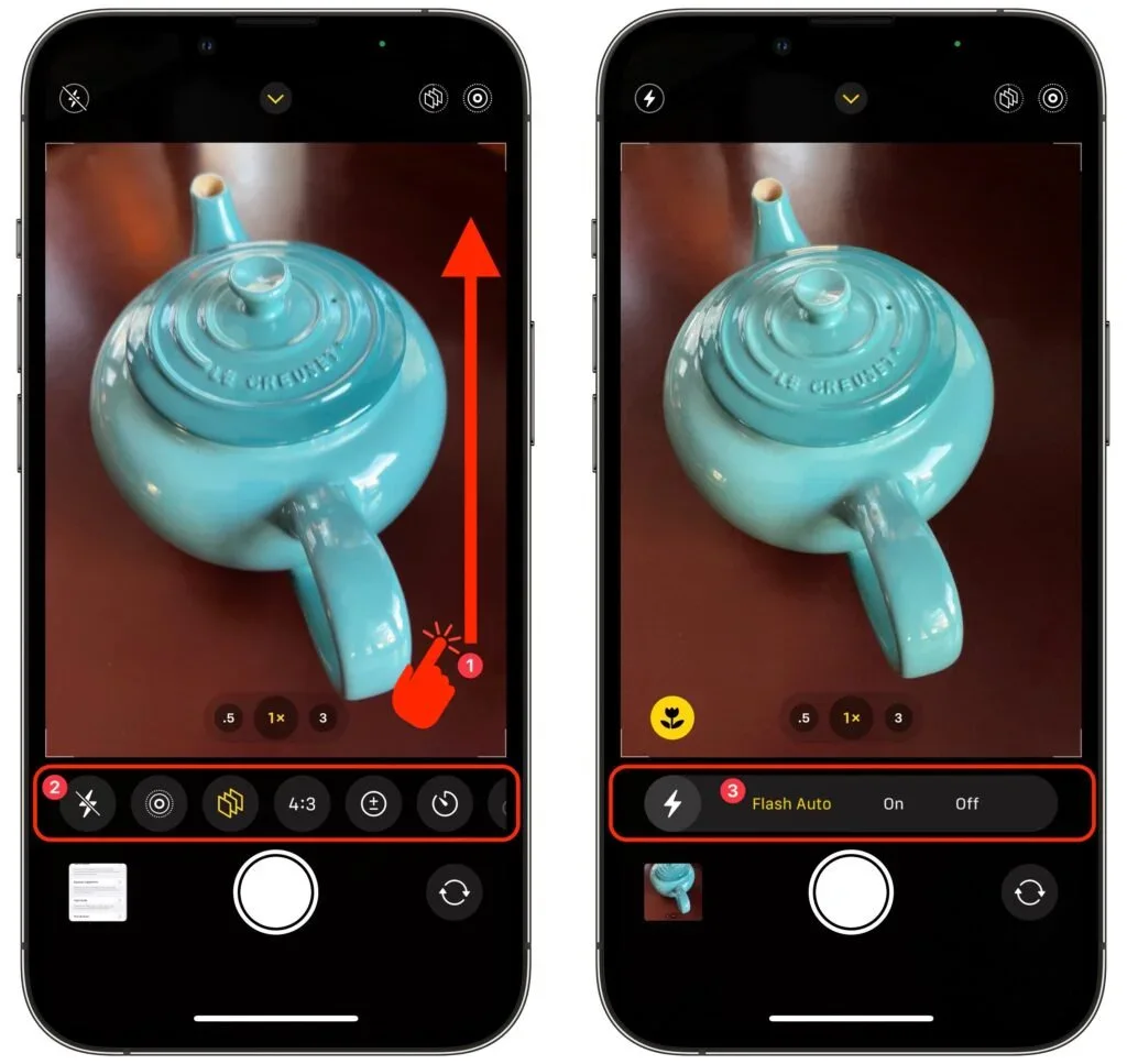 Two iPhone Camera screens showing the upward swipe that reveals camera controls