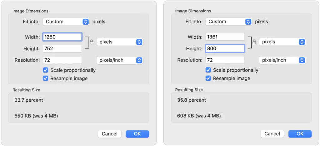 Two Preview Image Dimensions dialogs comparing different custom sizes