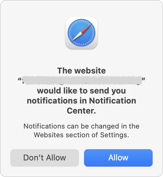 Safari prompt asking whether a website may send notifications