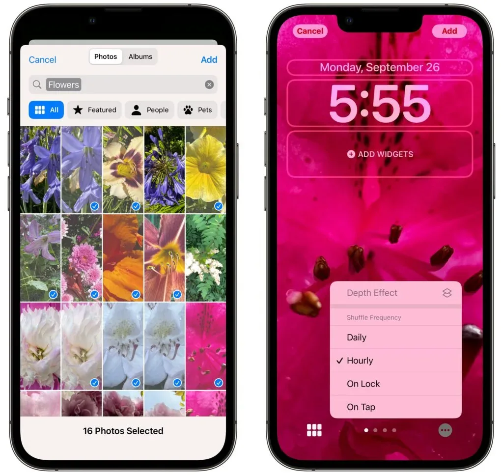 iPhone Photos album beside a customized pink Lock Screen menu
