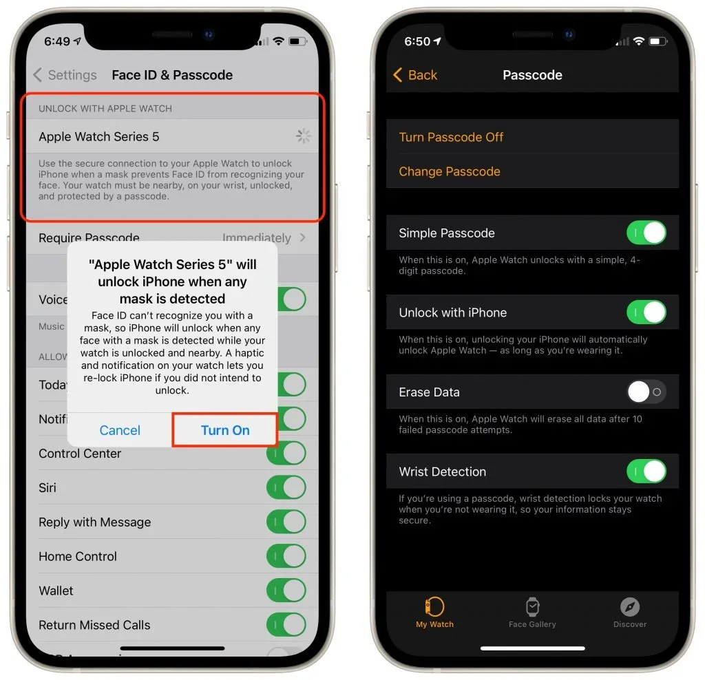 iPhone Face ID settings and Apple Watch passcode settings for unlocking an iPhone
