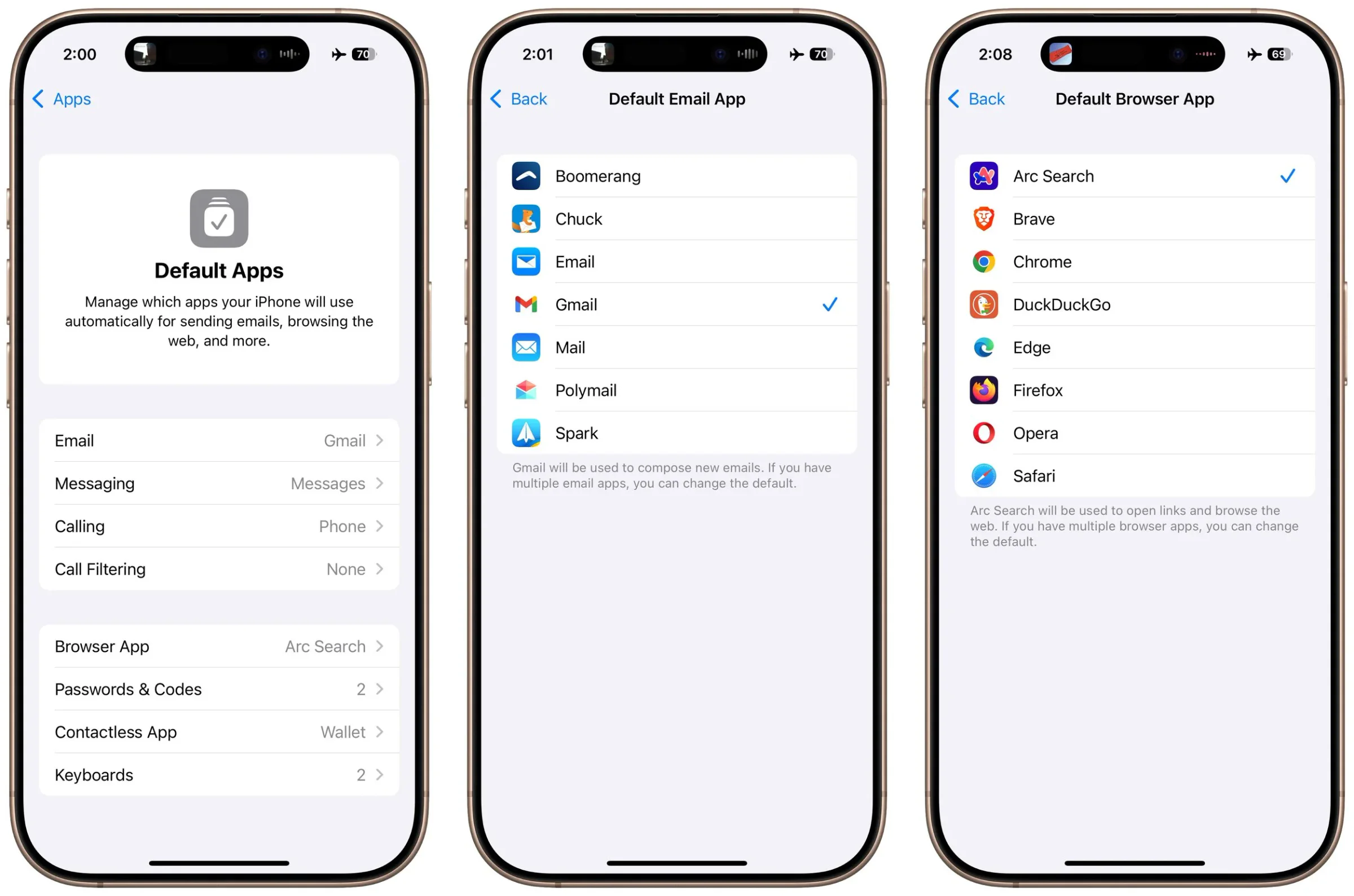 Three iPhone screens showing Default Apps and browser selection settings