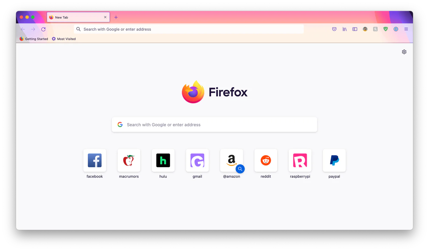 Firefox on Mac displaying a new tab page with search and website shortcuts