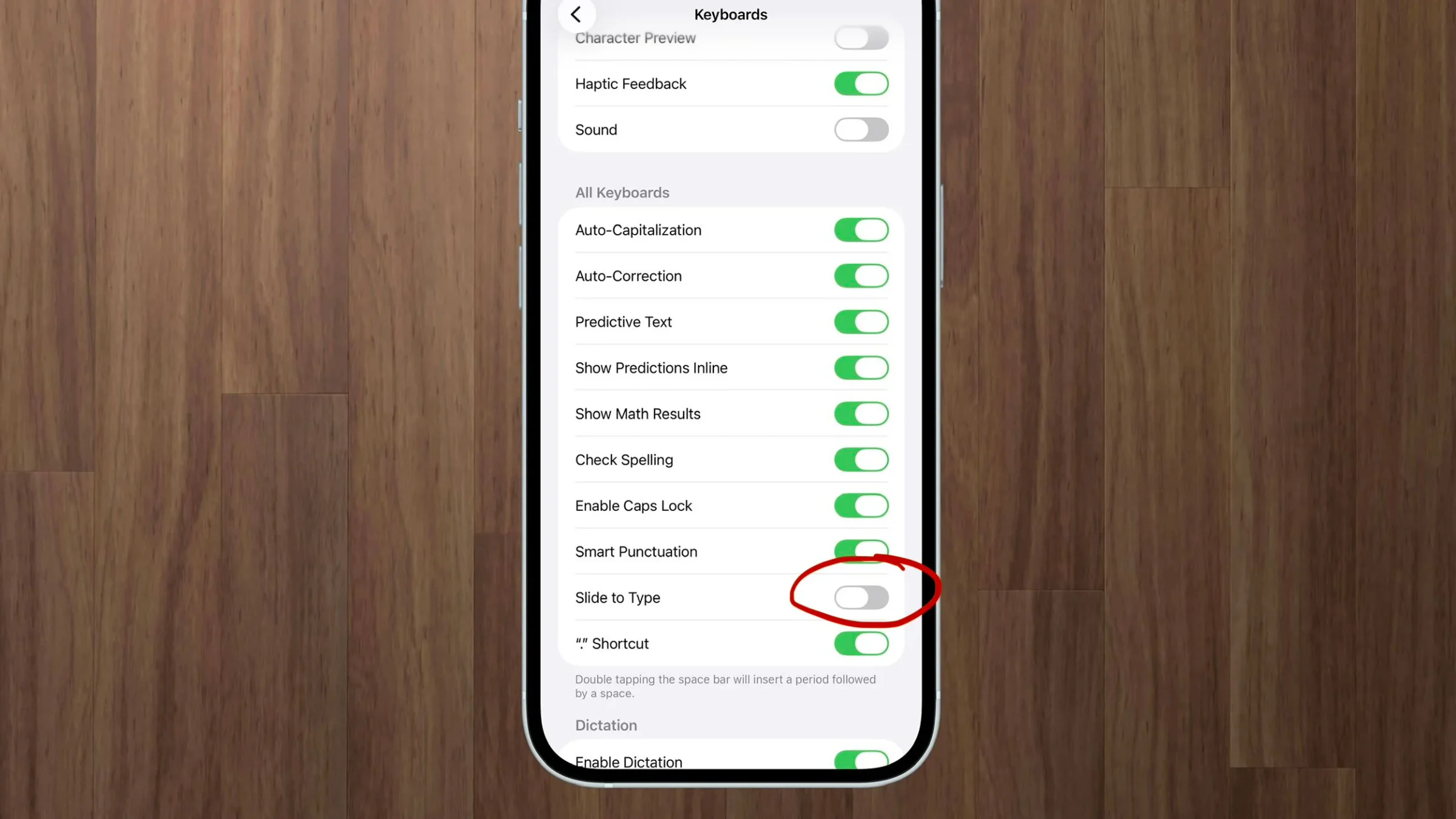 Apple device screenshot showing Keyboards Character Preview Haptic Feedback