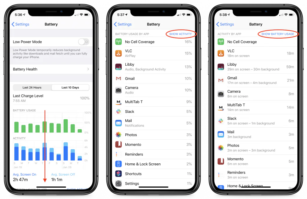 iPhone Battery charts beside a list showing battery use by app