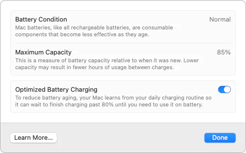 Mac battery health dialog with Optimized Battery Charging enabled